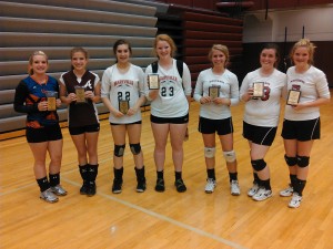 The Blount County Middle School Volleyball Tournament All-Tournament Team, from left, Taylor Prats, Union Grove; Allie Brown, Alcoa; Sydney Crook, Maryville; Brook Parker, Maryville; Layla Grant, Heritage; Cassidy Williams, Heritage; Macey Burns, Heritage, tournament most valuable player.