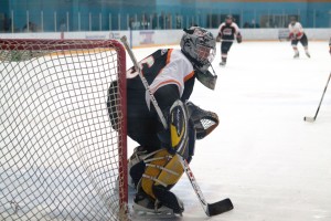 Junior Ice Bears goalie Joshua Quarles guards his net. 