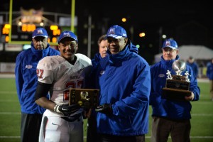 Blackmon accepts the BlueCross Bowl Defensive Most Valuable Player Award after a blocked field goal at the end of regulation and an interception in overtime clinched Maryville's record 15th state title. Photo by Brandon Shinn