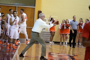 Maryville College men's basketball coach Randy Lambert encourages the Scots during a game last season. 