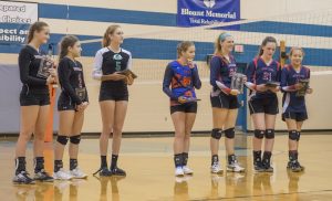 The all-tournament team is presented following last week's event. Named to the team, left to right, were Maryville Junior High's Evan Harper and Miranda Wyatt, Union Grove's Shea Hunt and Heritage Middle's Gabby Grant, Emma Whitehead and Kelsey Woods, the tournament's most valuable player.