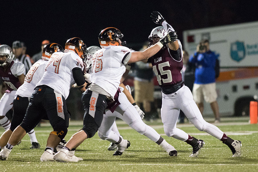 We like this shot of senior Ian Dunkin taking on a Cyclone blocker because it gives you a good look at the Elizabethton offensive line. The Cyclones weren't just big. They could charge.